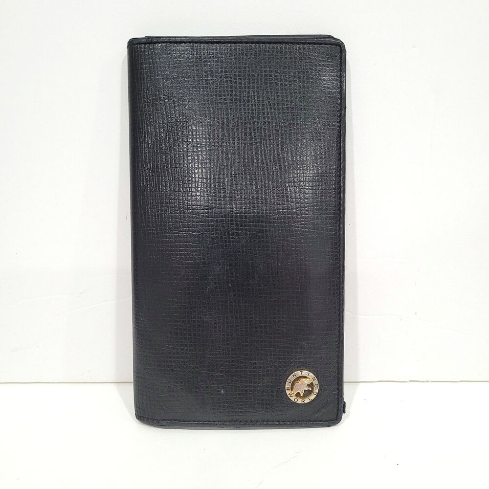 Hunting World Black‎ Wallet Long Checkbook Card Holder Leather Bifold Italian